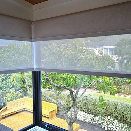 Double Roller Blind - ‘Chalk 10%’ Sunscreen and ‘Linesque Raffia’ Block Out